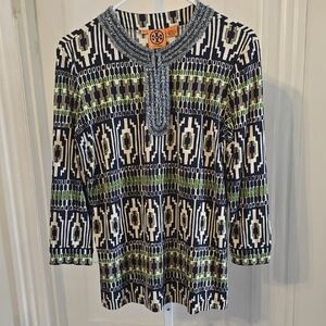Tory Burch Navy, White & Green Geometric Beaded-Neck Long Sleeve Top